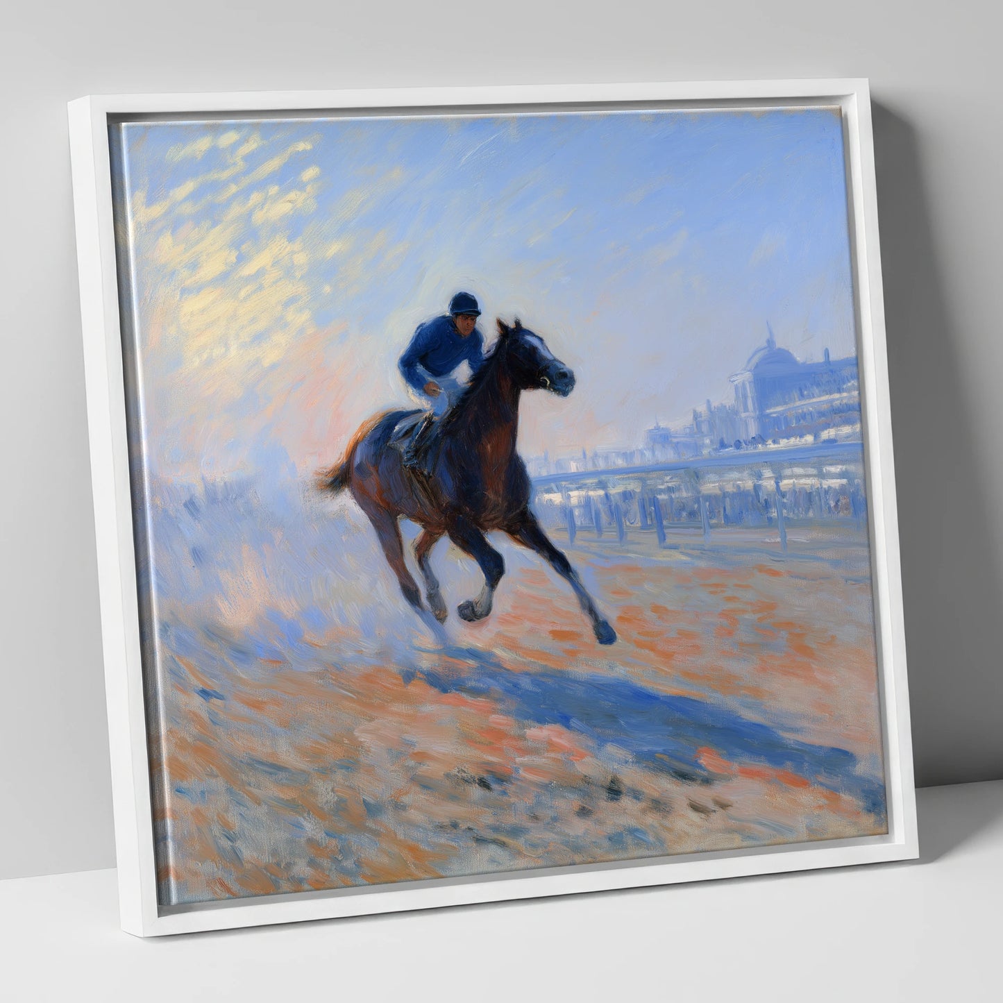 Luminous Morning Gallop racing horse canvas wall art in white frame