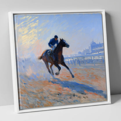 Luminous Morning Gallop racing horse canvas wall art in white frame