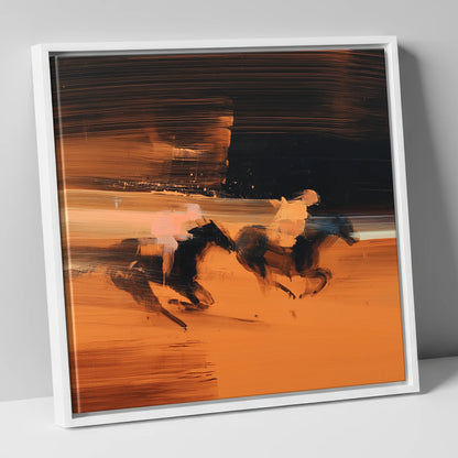 Amber Pursuit racing horse canvas wall art in white frame