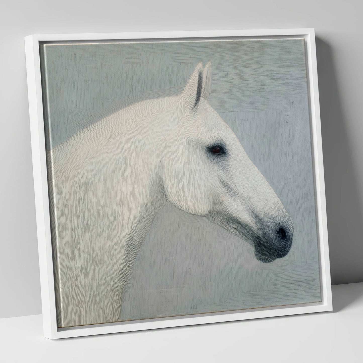 Ethereal Grey Portrait horse portrait canvas wall art in white frame