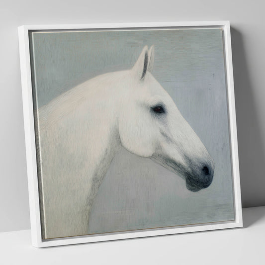 Ethereal Grey Portrait horse portrait canvas wall art in white frame