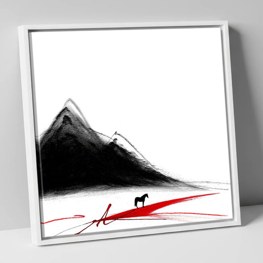 Crimson Path Silhouette horse landscape canvas wall art in white frame