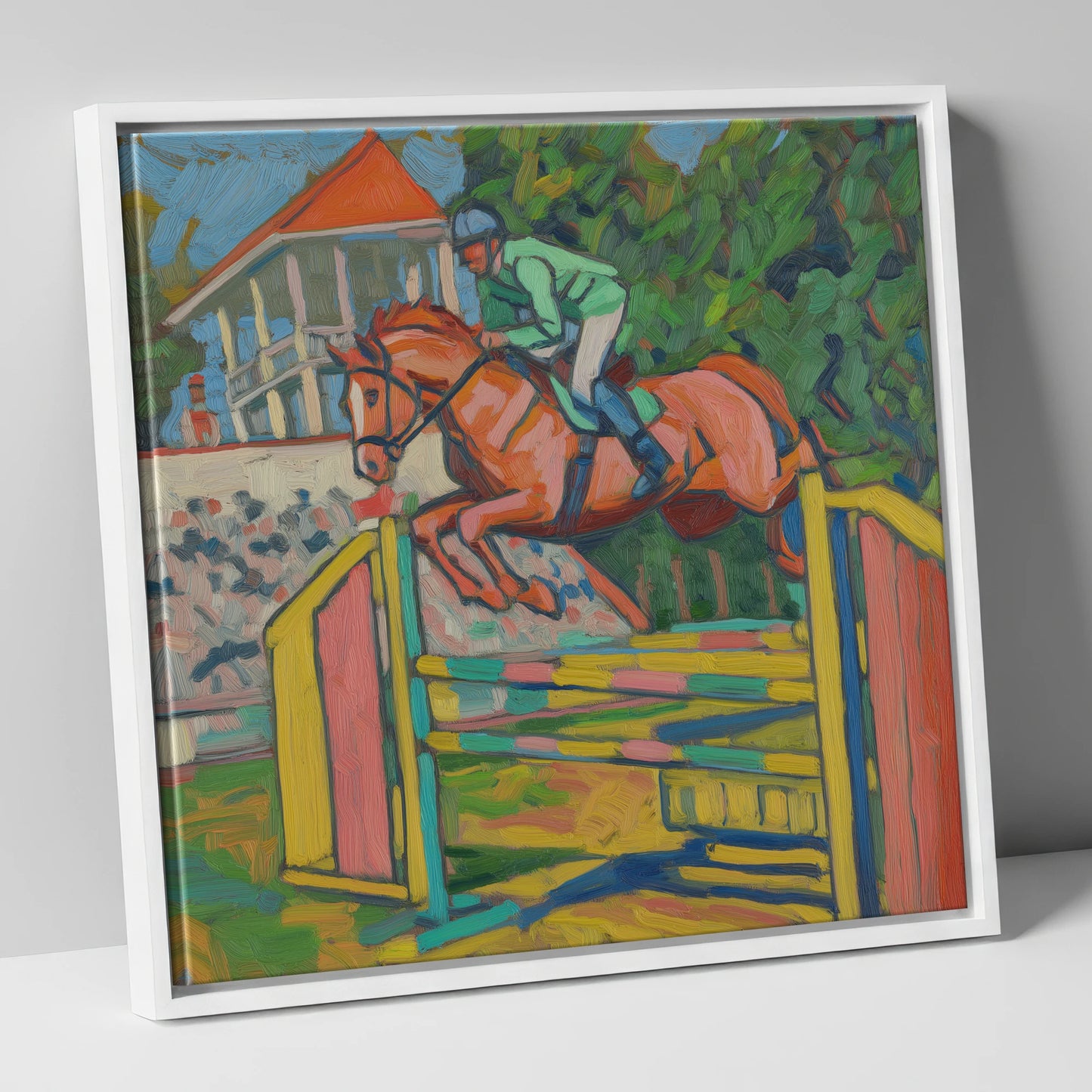 Clearing the Colours show jumping horse canvas wall art in white frame