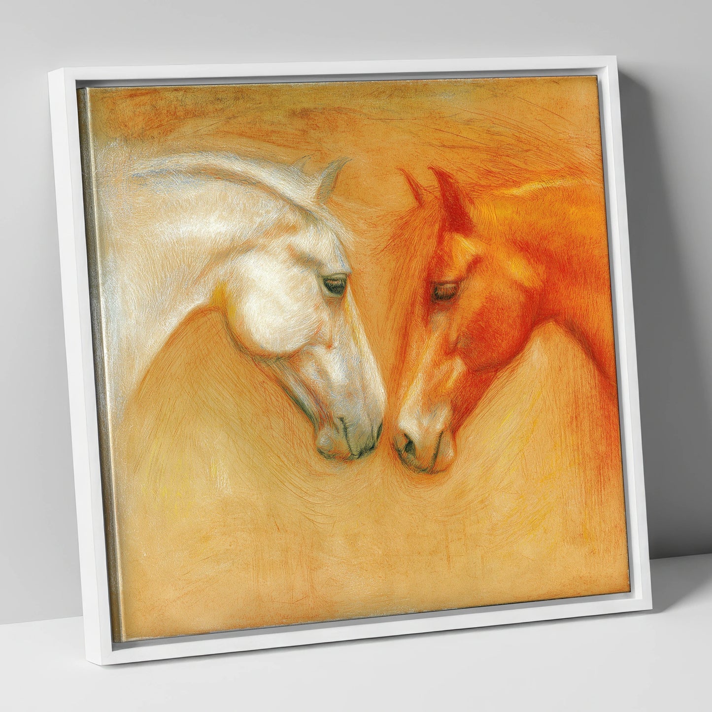 The Quiet Connection horse portrait canvas wall art in white frame