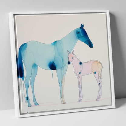 Cerulean Bond mare & foal canvas wall art in white frame