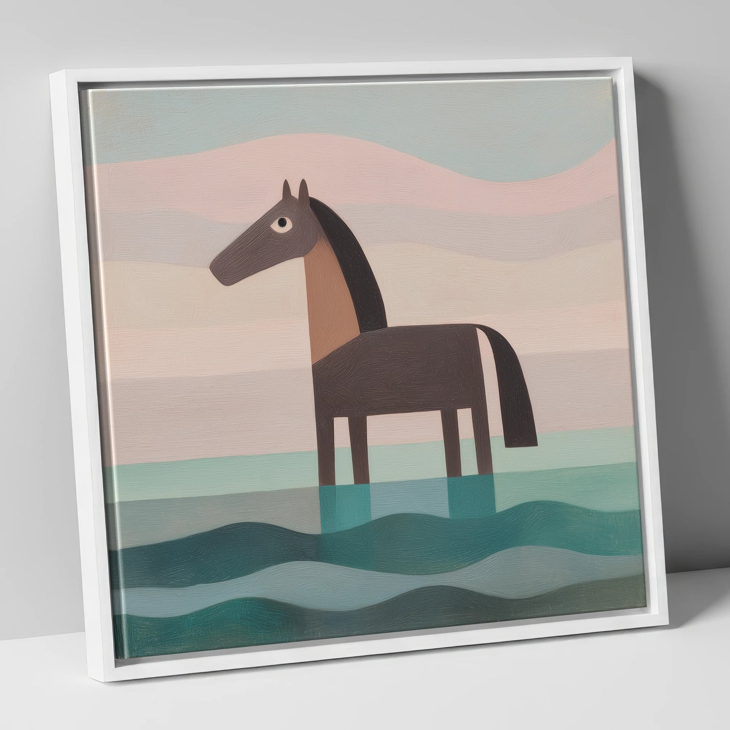 Stillness in the Shallows beach horse canvas wall art in white frame