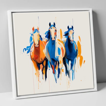 Cobalt and Amber Canter wild horses canvas wall art in white frame