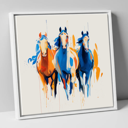 Cobalt and Amber Canter wild horses canvas wall art in white frame