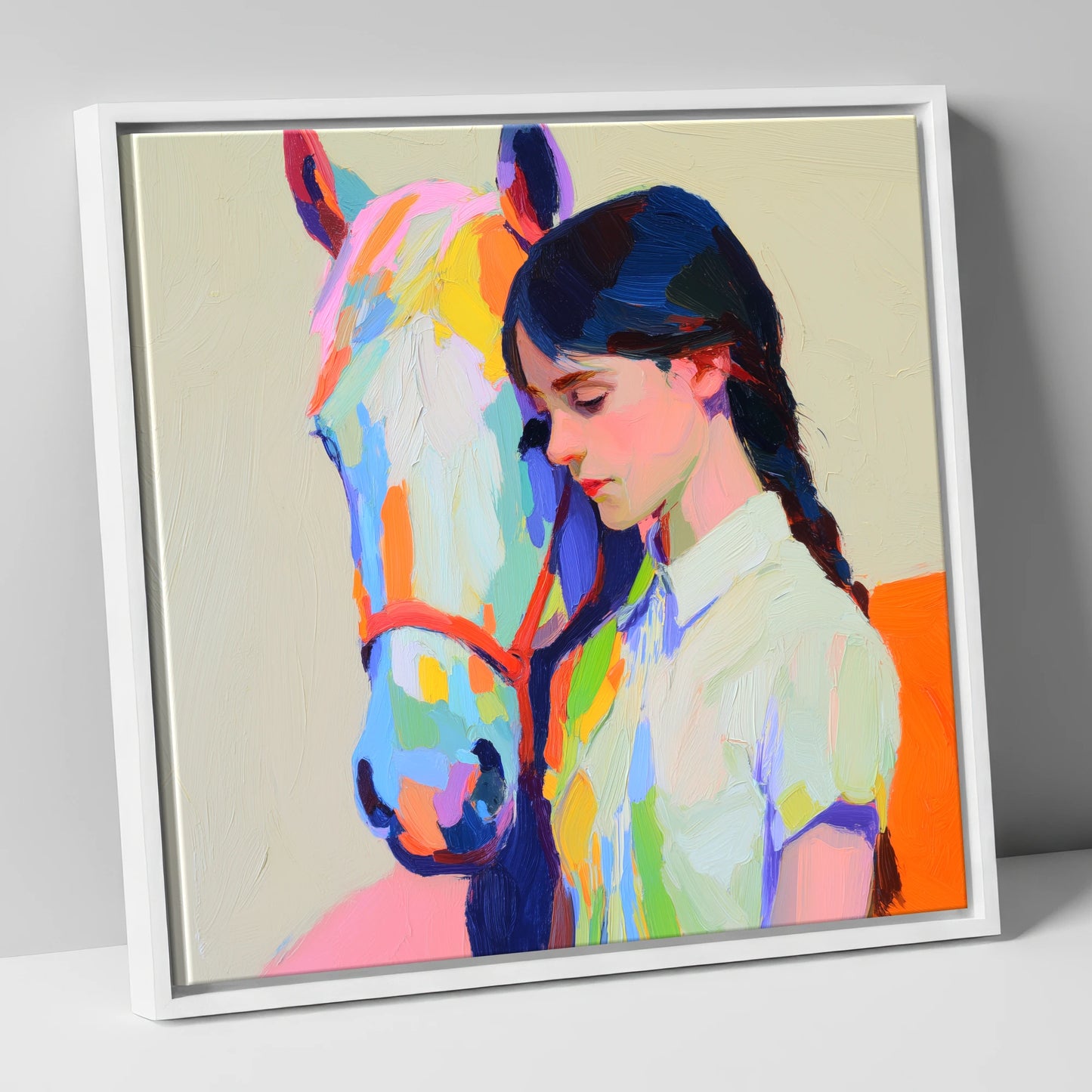 Vibrant Bond horse & rider canvas wall art in white frame