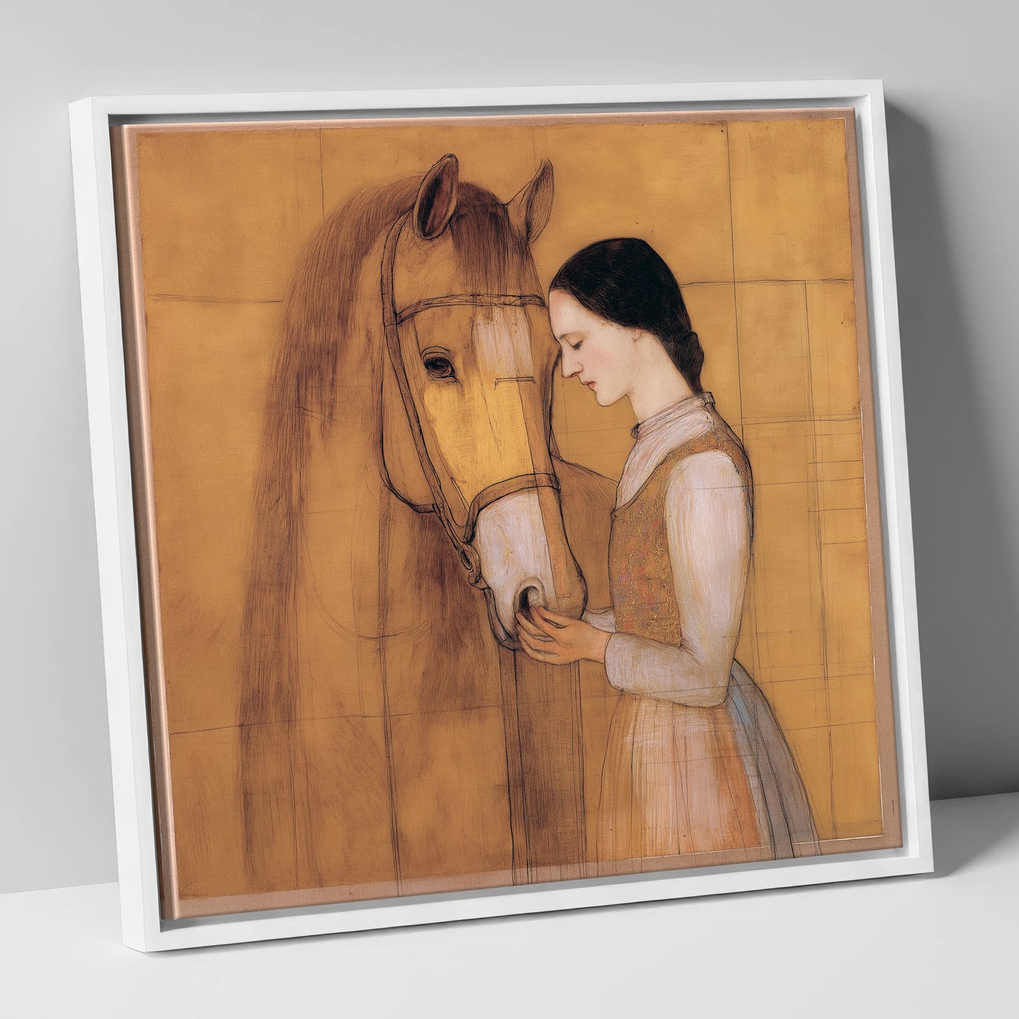 Quiet Connection horse & rider canvas wall art in white frame
