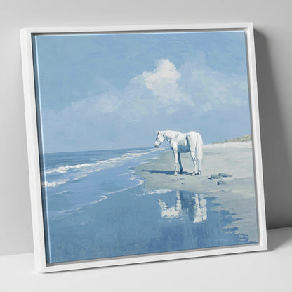 Reflections at Ebb Tide horse landscape canvas wall art in white frame