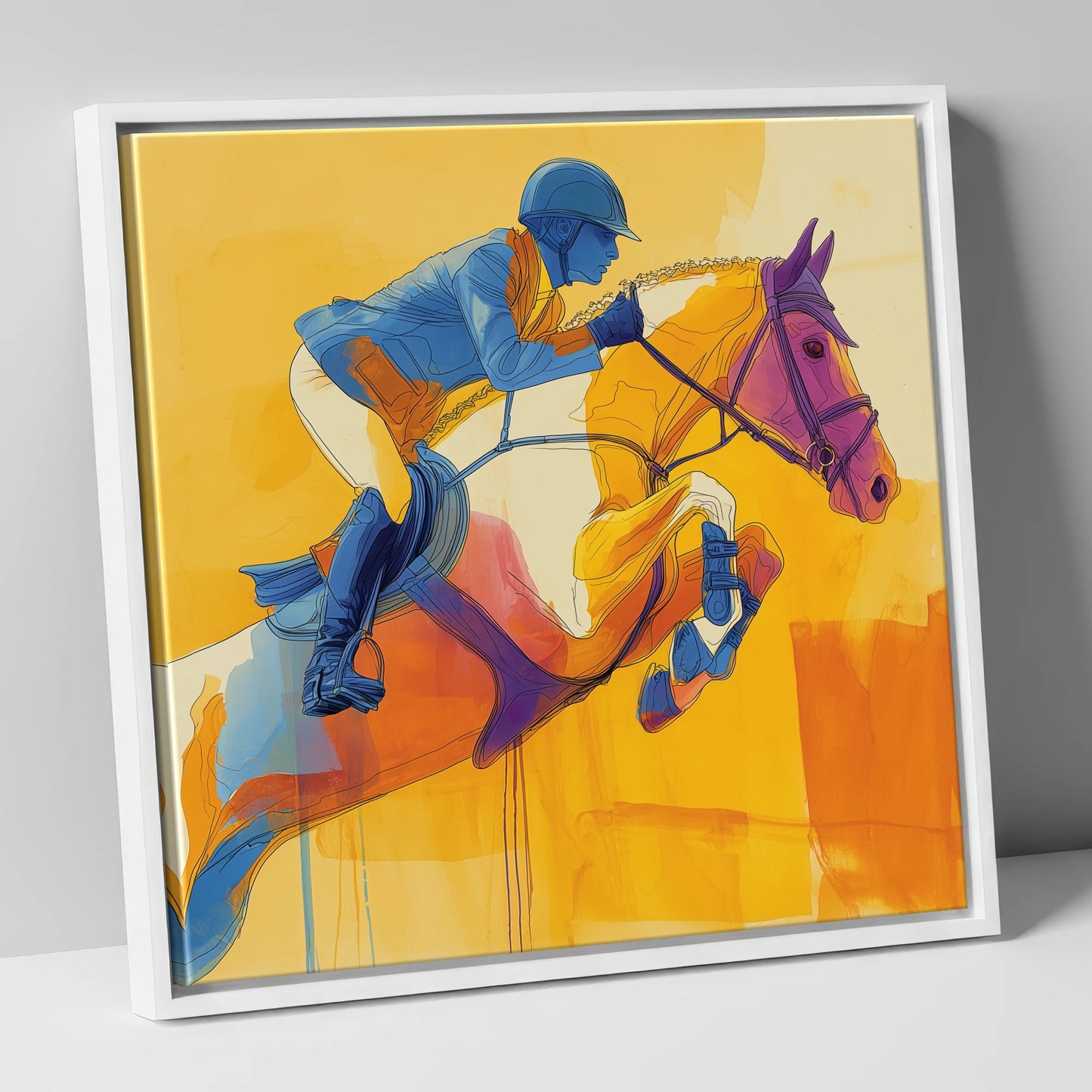 Airborne in Cobalt show jumping horse canvas wall art in white frame