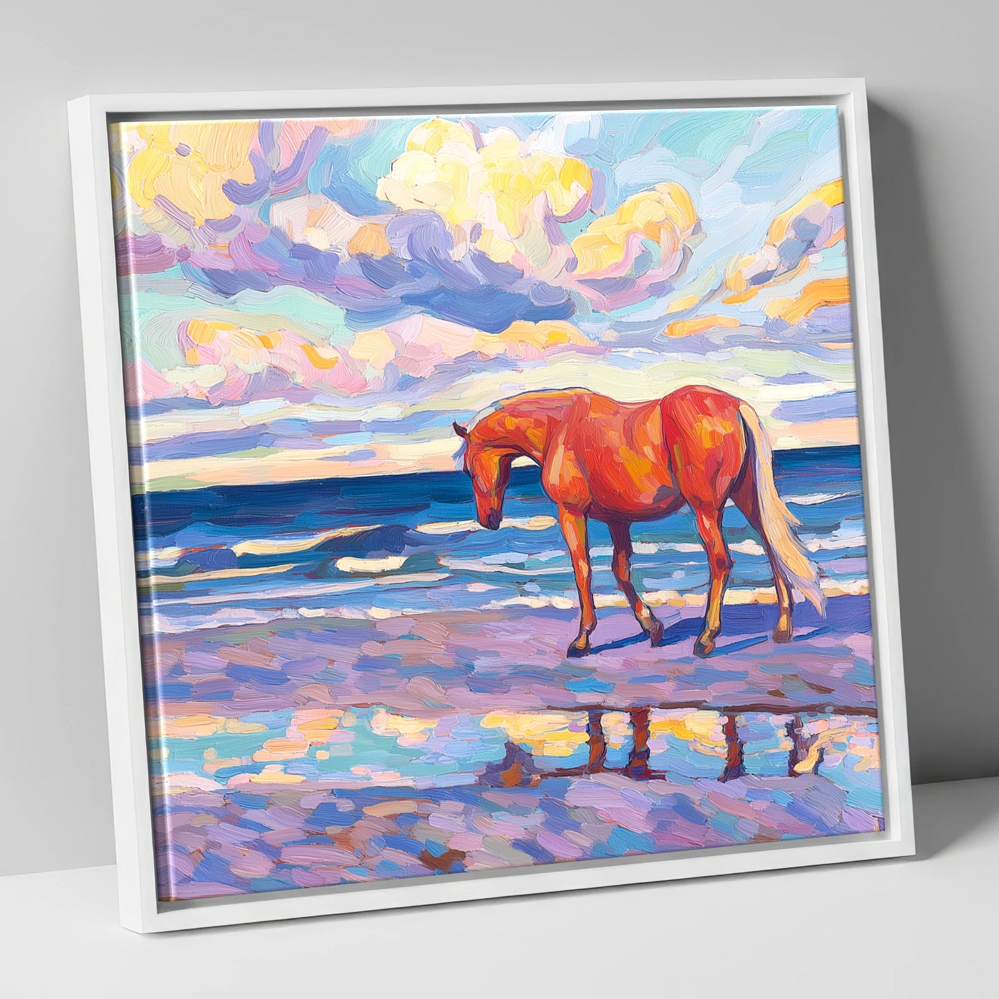Vivid Coastal Solitude horse landscape canvas wall art in white frame