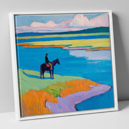 Vivid Coastal Solitude beach horse canvas wall art in white frame