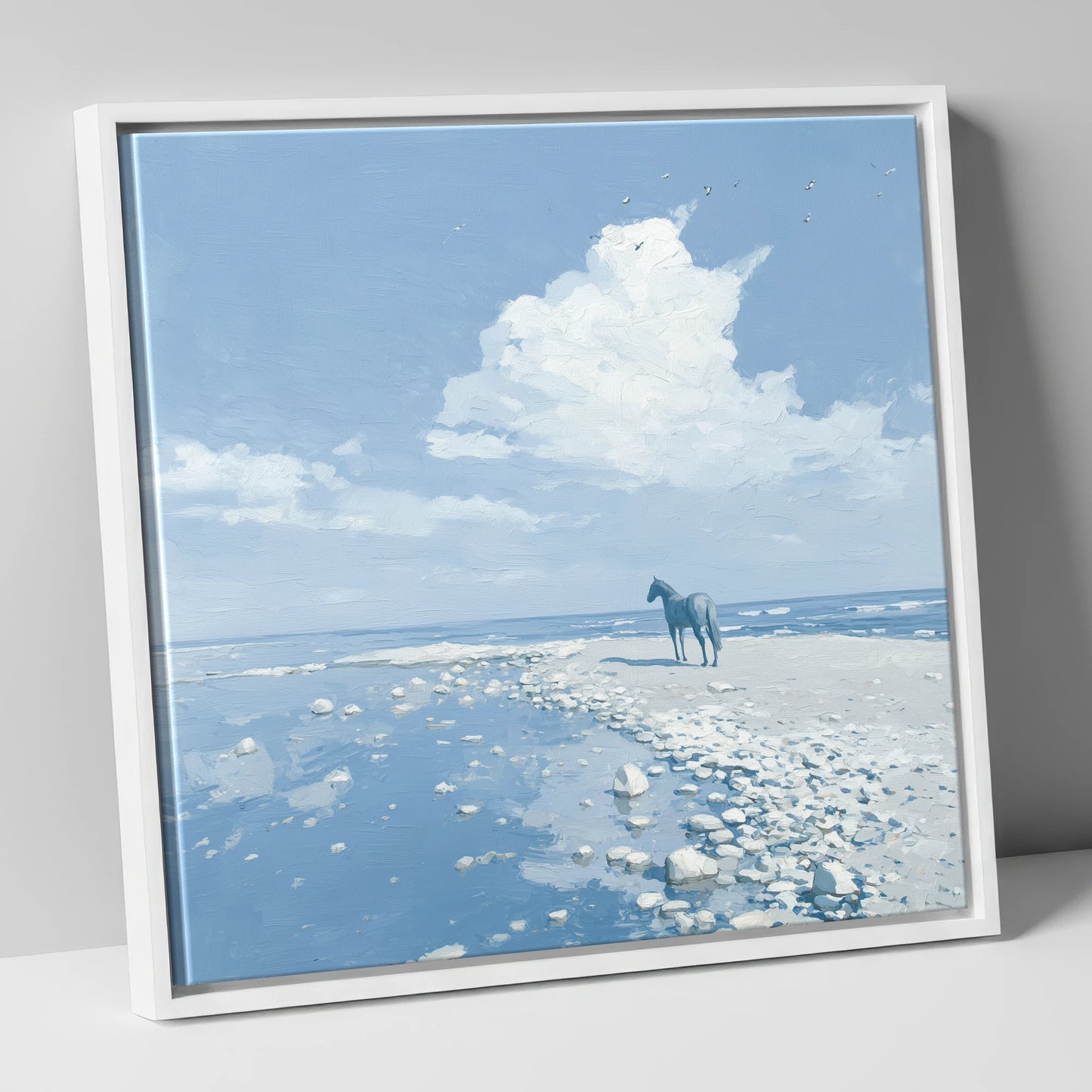 Solitude on the Shore horse landscape canvas wall art in white frame