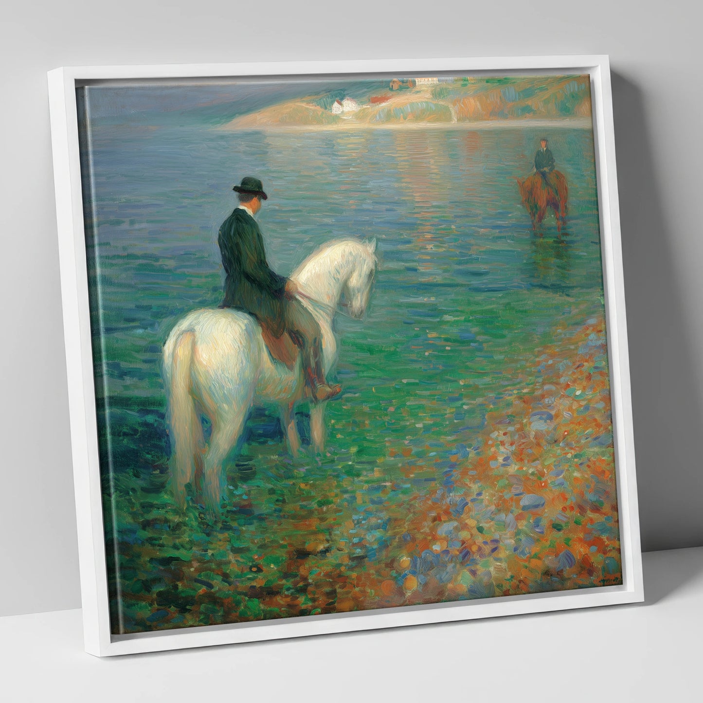 Emerald Shoreline Hack beach horse canvas wall art in white frame