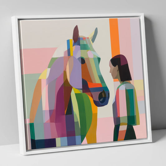 Prismatic Partnership horse & rider canvas wall art in white frame