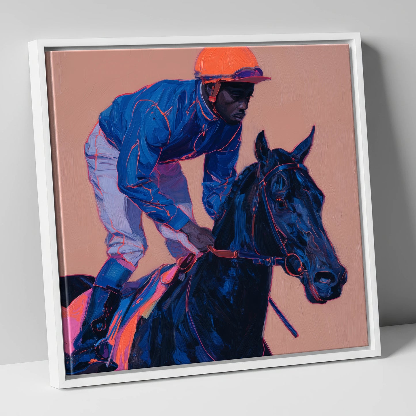 Indigo Charge racing horse canvas wall art in white frame