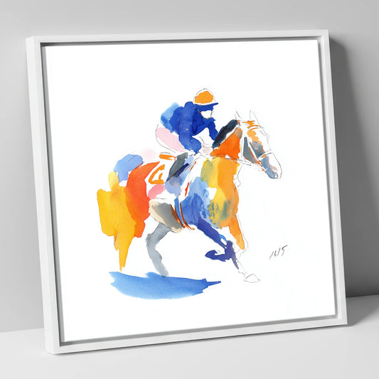 The Colourful Chase racing horse canvas wall art in white frame