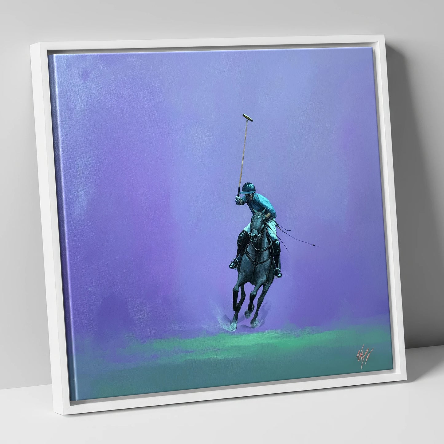 The Violet Chukka polo horse canvas wall art in white frame
