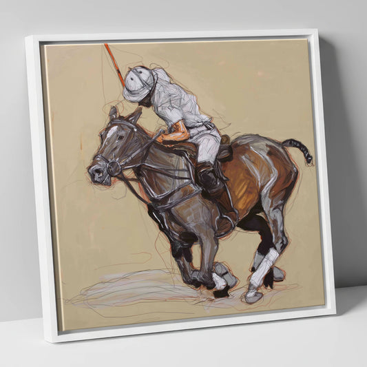 Momentum on the Field polo horse canvas wall art in white frame