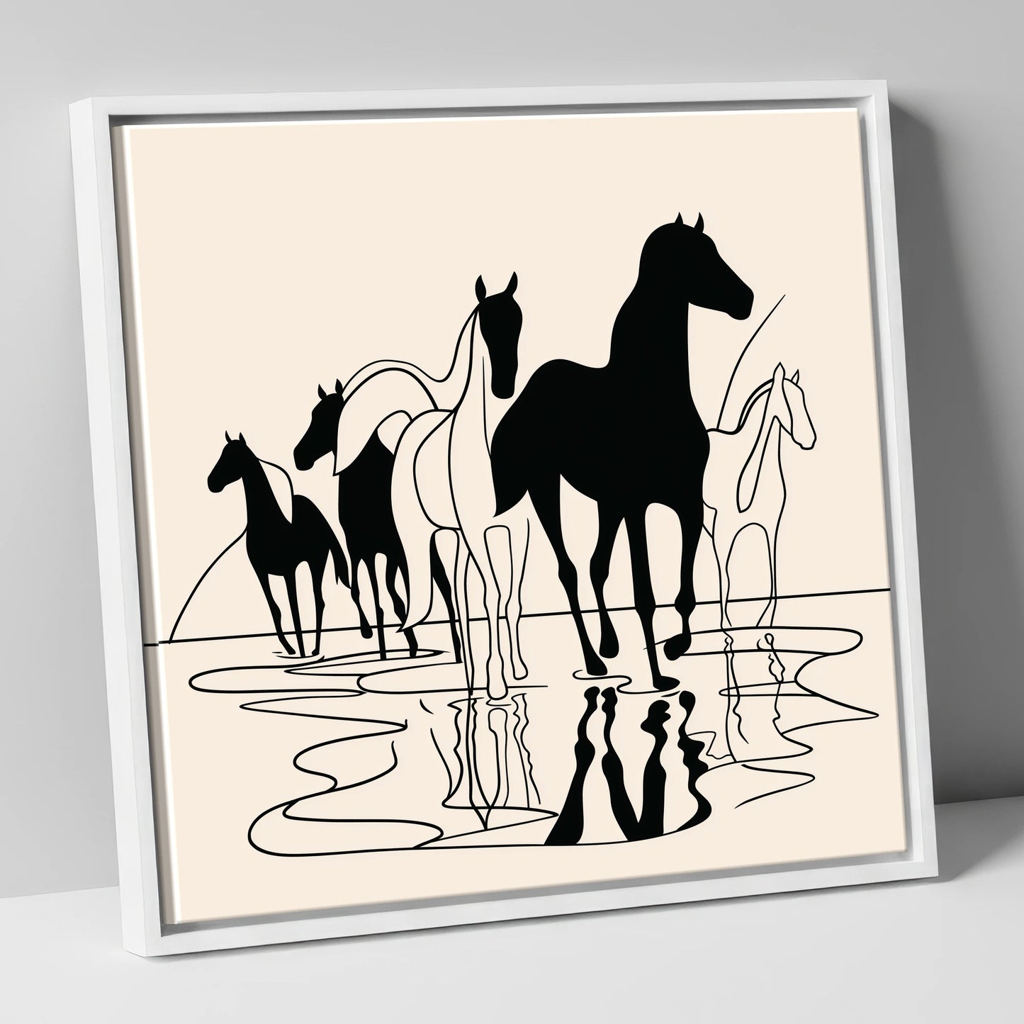 Ink Silhouettes at Water wild horses canvas wall art in white frame