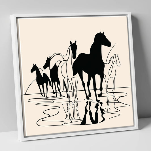 Ink Silhouettes at Water wild horses canvas wall art in white frame
