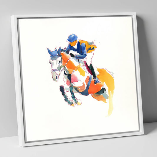 Dynamic Flight show jumping horse canvas wall art in white frame
