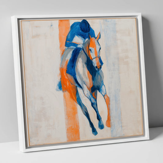 Velocity in Blue racing horse canvas wall art in white frame