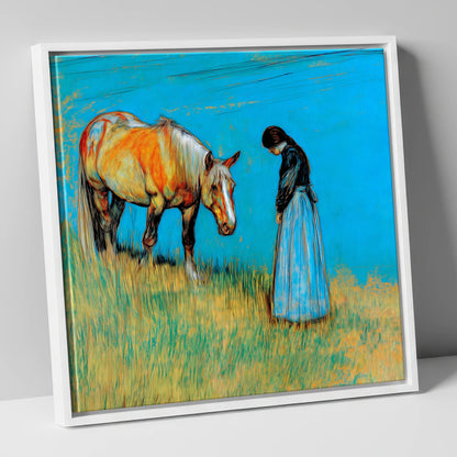 Cerulean Bond horse & rider canvas wall art in white frame