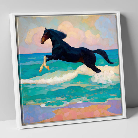 Cresting the Tide beach horse canvas wall art in white frame