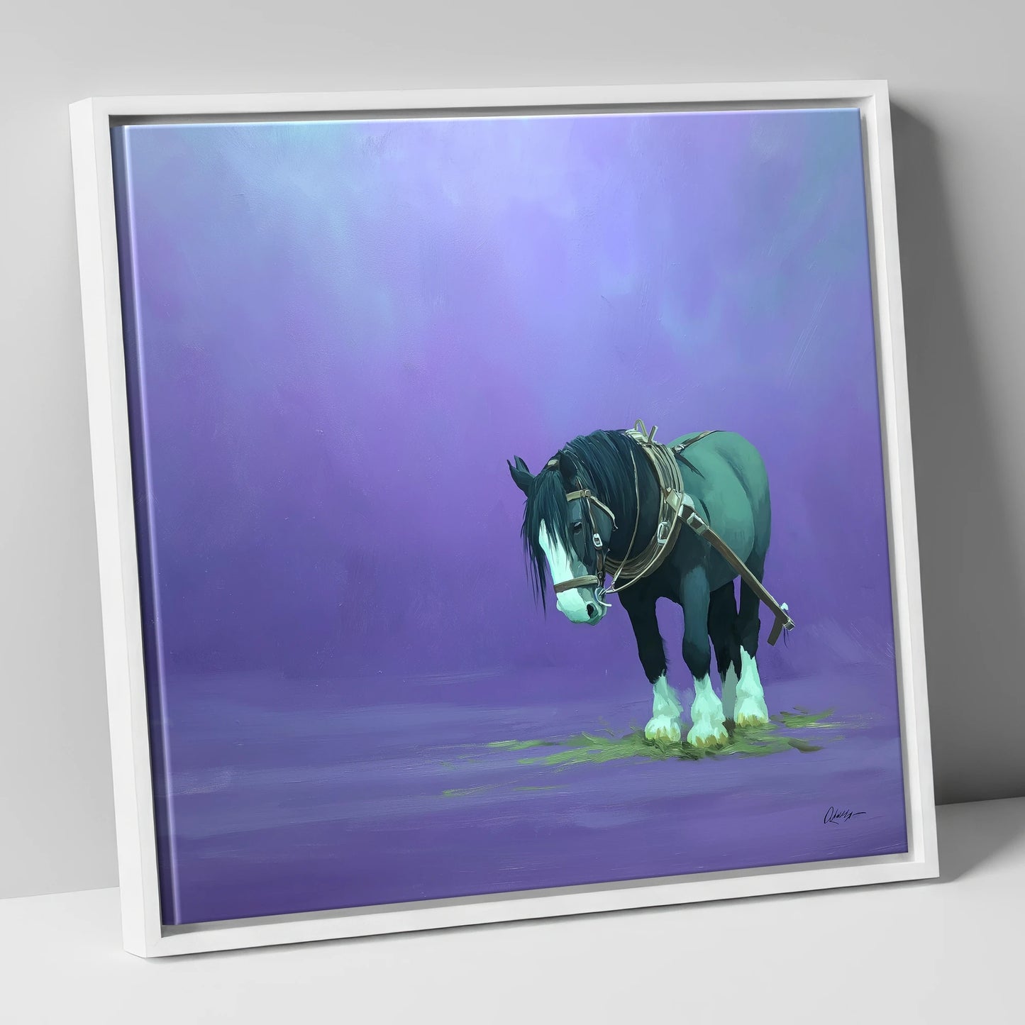 Twilight Rest working horse canvas wall art in white frame