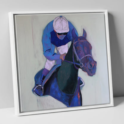 Focused in Blue racing horse canvas wall art in white frame
