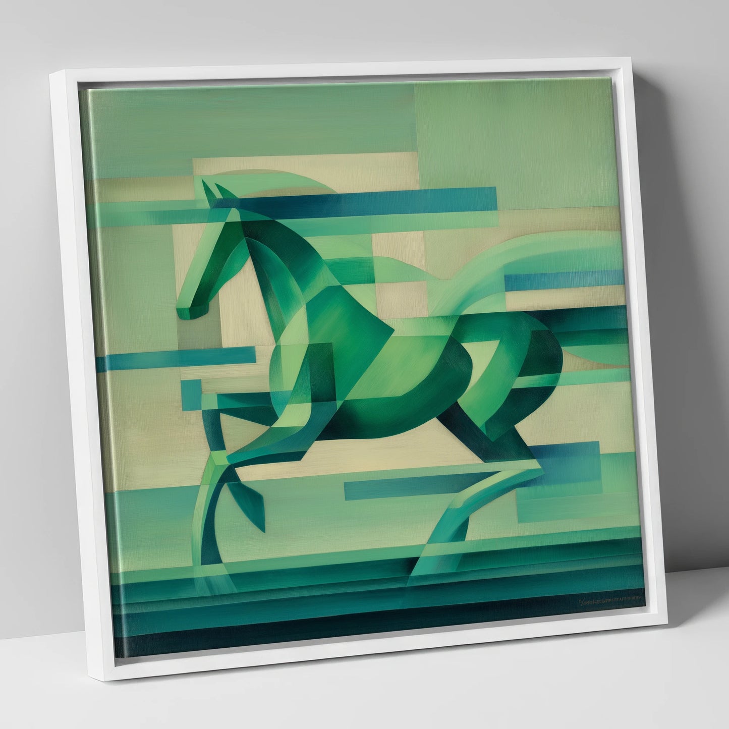 Abstract Emerald Canter horse portrait canvas wall art in white frame
