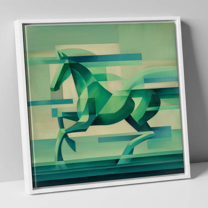 Abstract Emerald Canter horse portrait canvas wall art in white frame