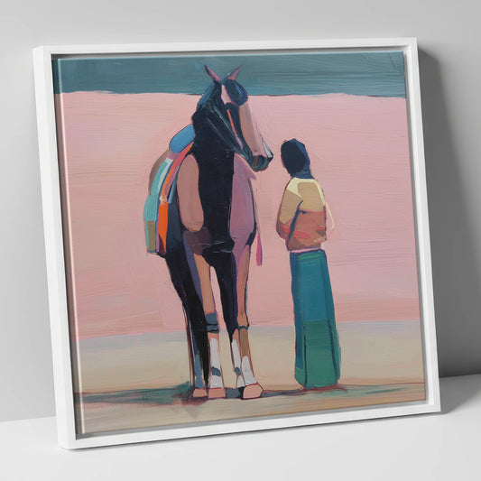 Stillness in Rose horse & rider canvas wall art in white frame