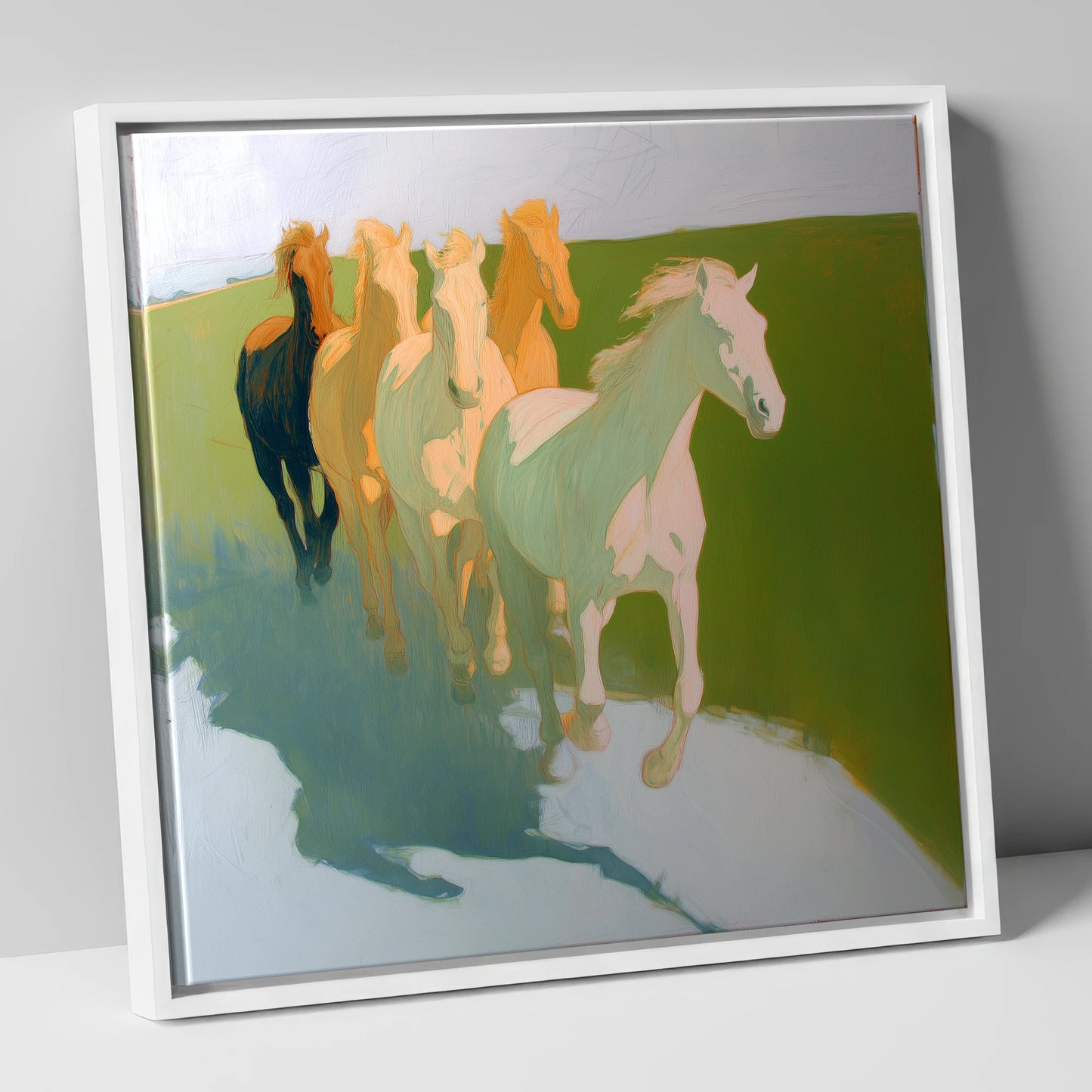 Ethereal Pastel Herd wild horses canvas wall art in white frame