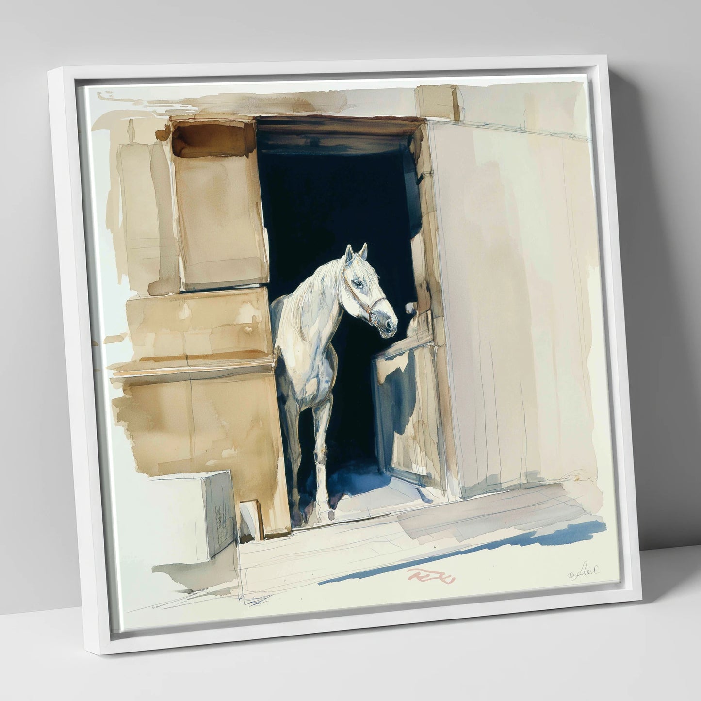 The Quiet Grey horse stable canvas wall art in white frame