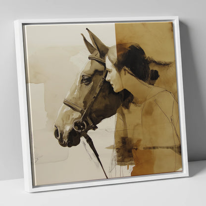 Quiet Connection horse & rider canvas wall art in white frame