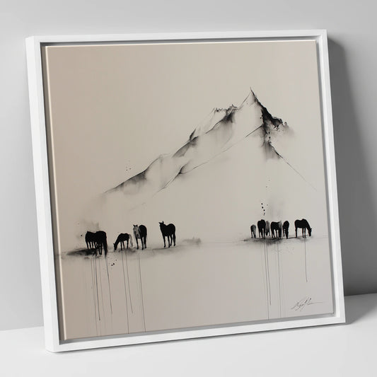 Ethereal Mountain Herd horse landscape canvas wall art in white frame