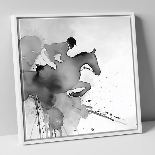 Showjumping Horse in Ink Wash show jumping horse canvas wall art in white frame