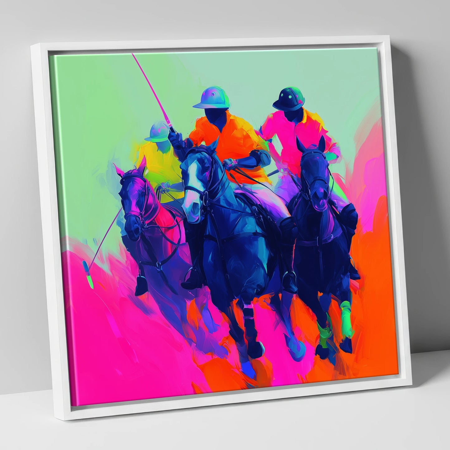 Pulse of the Match polo horse canvas wall art in white frame
