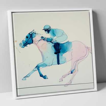 Azure Gallop racing horse canvas wall art in white frame