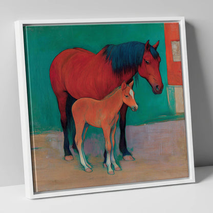 Crimson Mare and Foal mare & foal canvas wall art in white frame