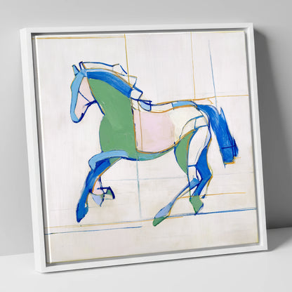 Azure and Emerald Canter horse portrait canvas wall art in white frame