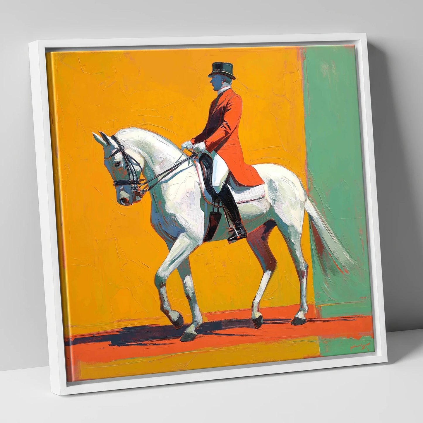 Radiant Dressage Stride dressage horse canvas wall art in white frame