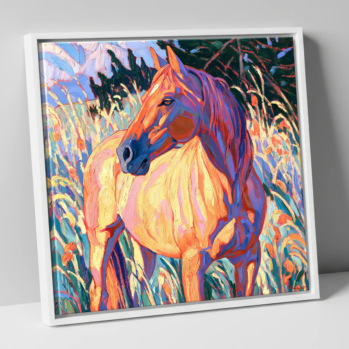 Vibrant Horse in Tall Grass horse breed canvas wall art in white frame
