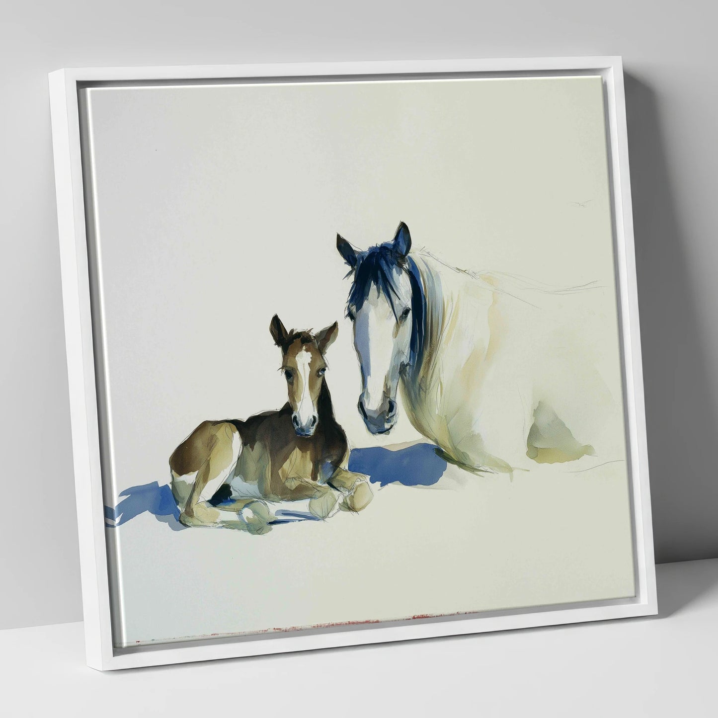 Quiet Devotion mare & foal canvas wall art in white frame