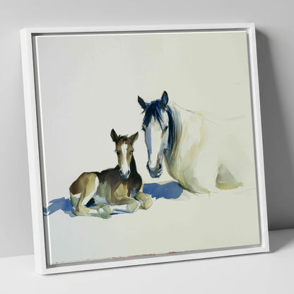 Quiet Devotion mare & foal canvas wall art in white frame