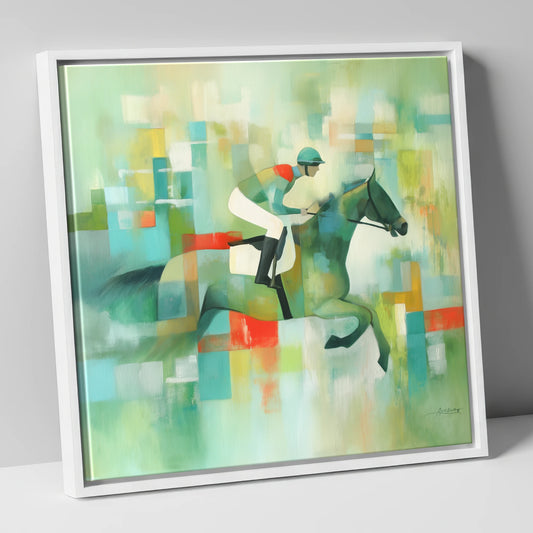 Abstract Racehorse in Geometric Greens racing horse canvas wall art in white frame